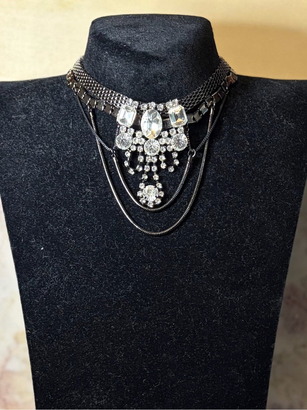Statement Black Chain Choker Necklace with Clear Crystal Accents